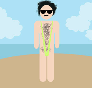A hairy man with a mustache and black sunglasses, wearing a green bathingsuit that is very exposing 