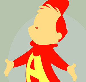 A person with no facial features, wearing a red hat and red sweater with the letter in 