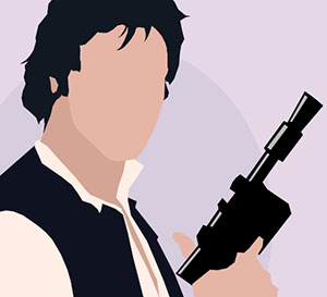 A man wearing a black vest with a white shirt and holding an oddly shapped black gun