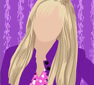A girl with long blonde hair wearing a purple shirt. 