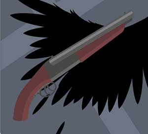 The wings of a black raven and a rifle. 